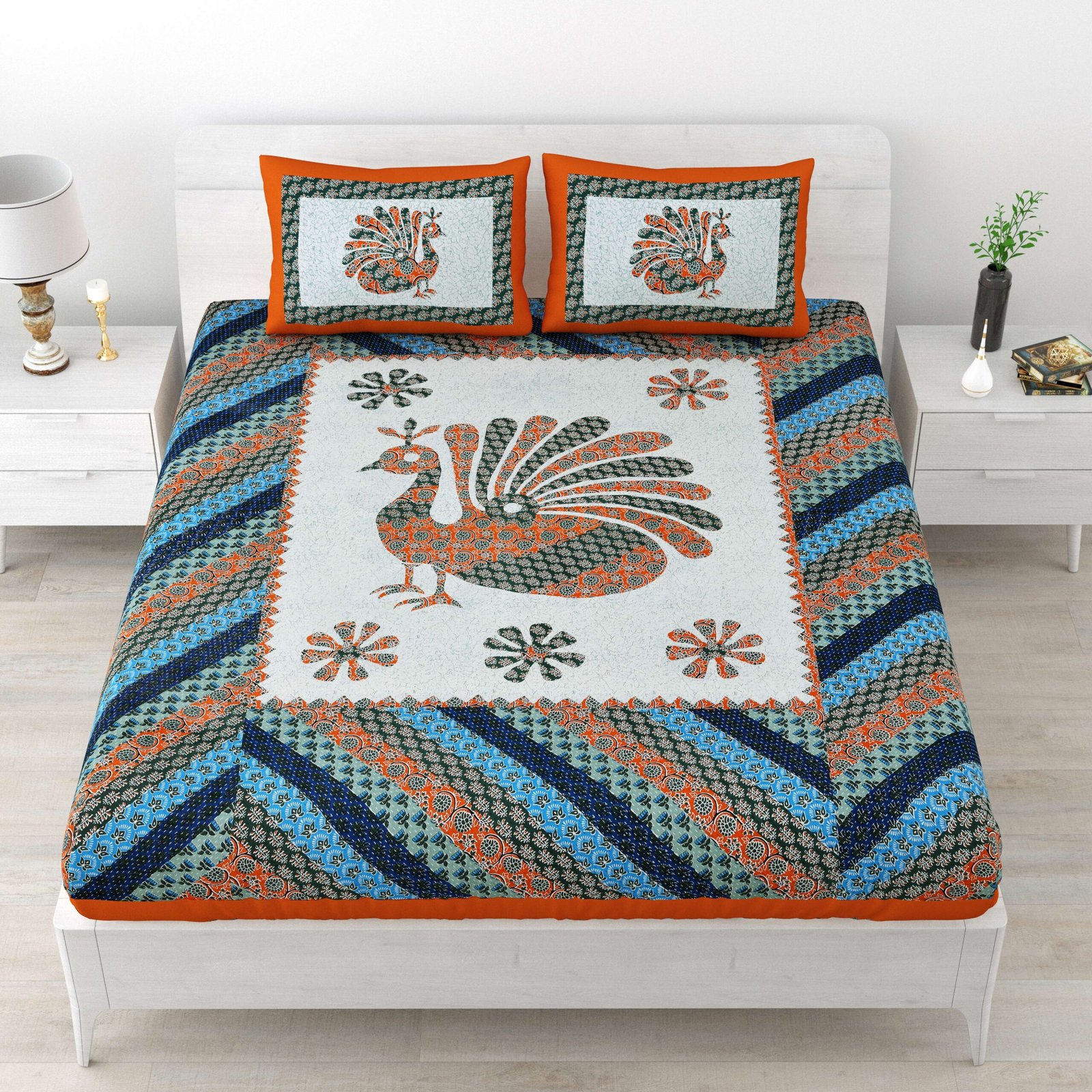 Rajasthani Traditionally Printed Cotton Doublebed Bedsheet With Pack of 2 Pillow Covers